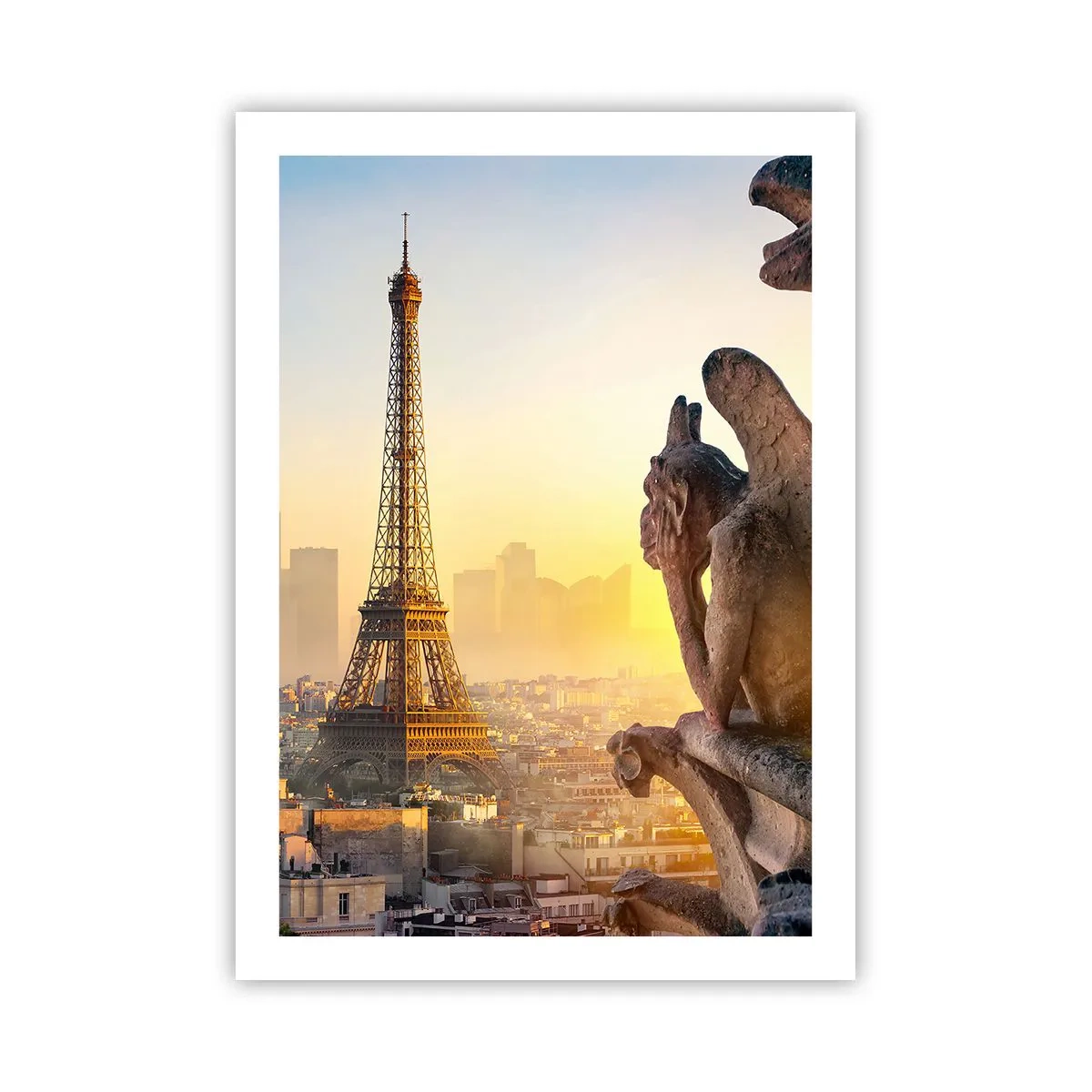 Affiche - Poster - Une vue de la Tour Eiffel au lever du soleil avec une perspective des gargouilles de pierre - 50x70cm - Tellement de choses ont changés... - Décoration murale moderne pour le salon et la chambre ARTTOR