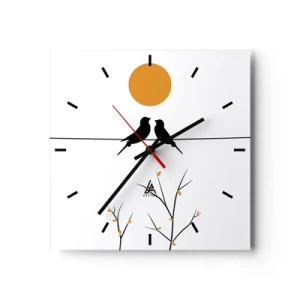 Horloge murale - Pendule murale - Oiseaux sur une ligne avec un soleil jaune - 30x30cm - Soirée pour rossignols - Décoration murale moderne pour le salon et la chambre ARTTOR