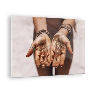 Impression sur verre - Image sur verre - Mains ouvertes avec des paillettes dans une lumière chaude - 70x50cm - Un don pour vous - Décoration murale moderne pour le salon et la chambre ARTTOR