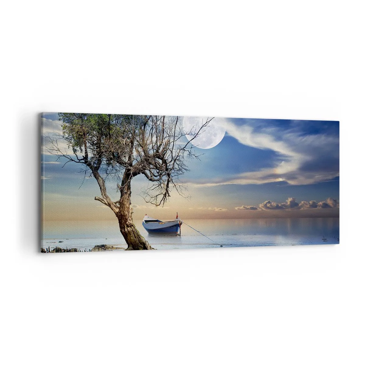 Impression sur toile - Image sur toile - Un arbre solitaire et un bateau sur une eau calme sous la pleine lune. - 120x50cm - Est-ce la fin ou le début ? - Décoration murale moderne pour le salon et la chambre ARTTOR