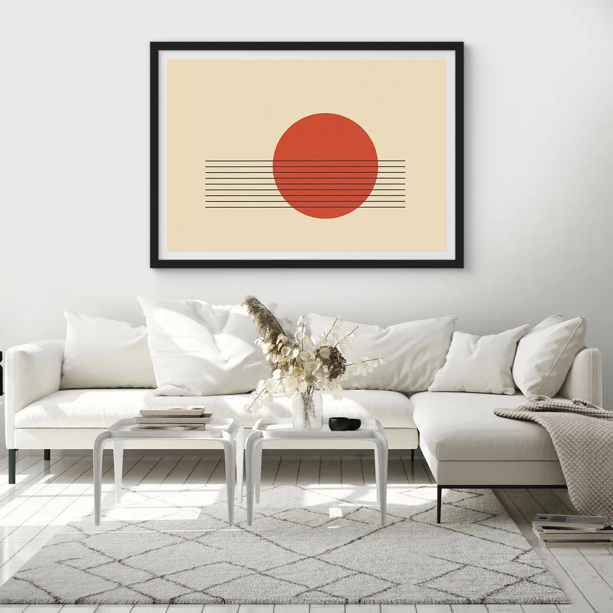 Affiche dans un cadre noir - Poster - Cercle rouge abstrait avec des lignes sur fond beige. - 70x50cm - Aux alentours et plus loin - Décoration murale moderne pour le salon et la chambre ARTTOR