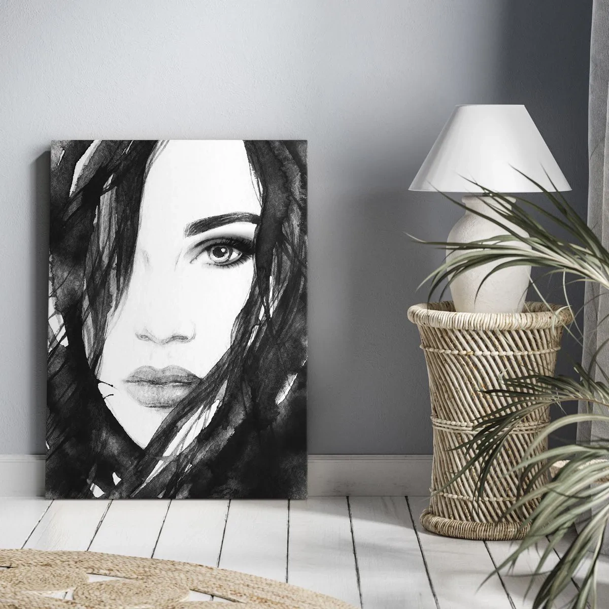 Impression sur toile - Image sur toile - Portrait d'une dame en noir et blanc - 55x100 cm