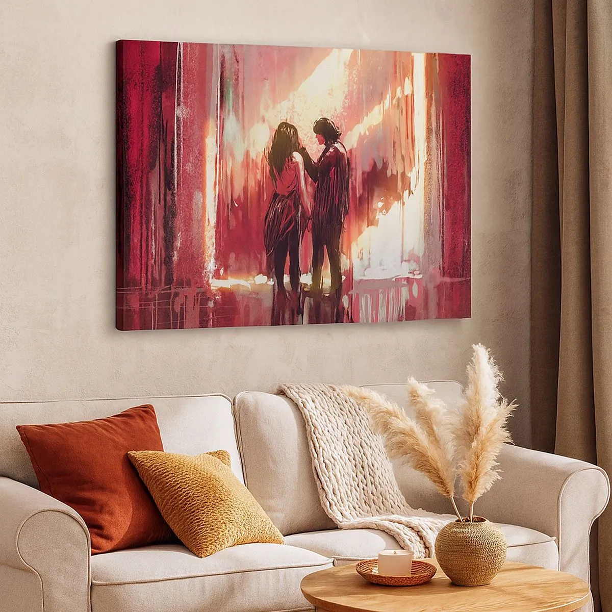 Impression sur toile - Image sur toile - Un couple debout dans une lumière chaude sur fond de motifs abstraits - 70x50cm - L'éternel spectacle de l'amour - Décoration murale moderne pour le salon et la chambre ARTTOR