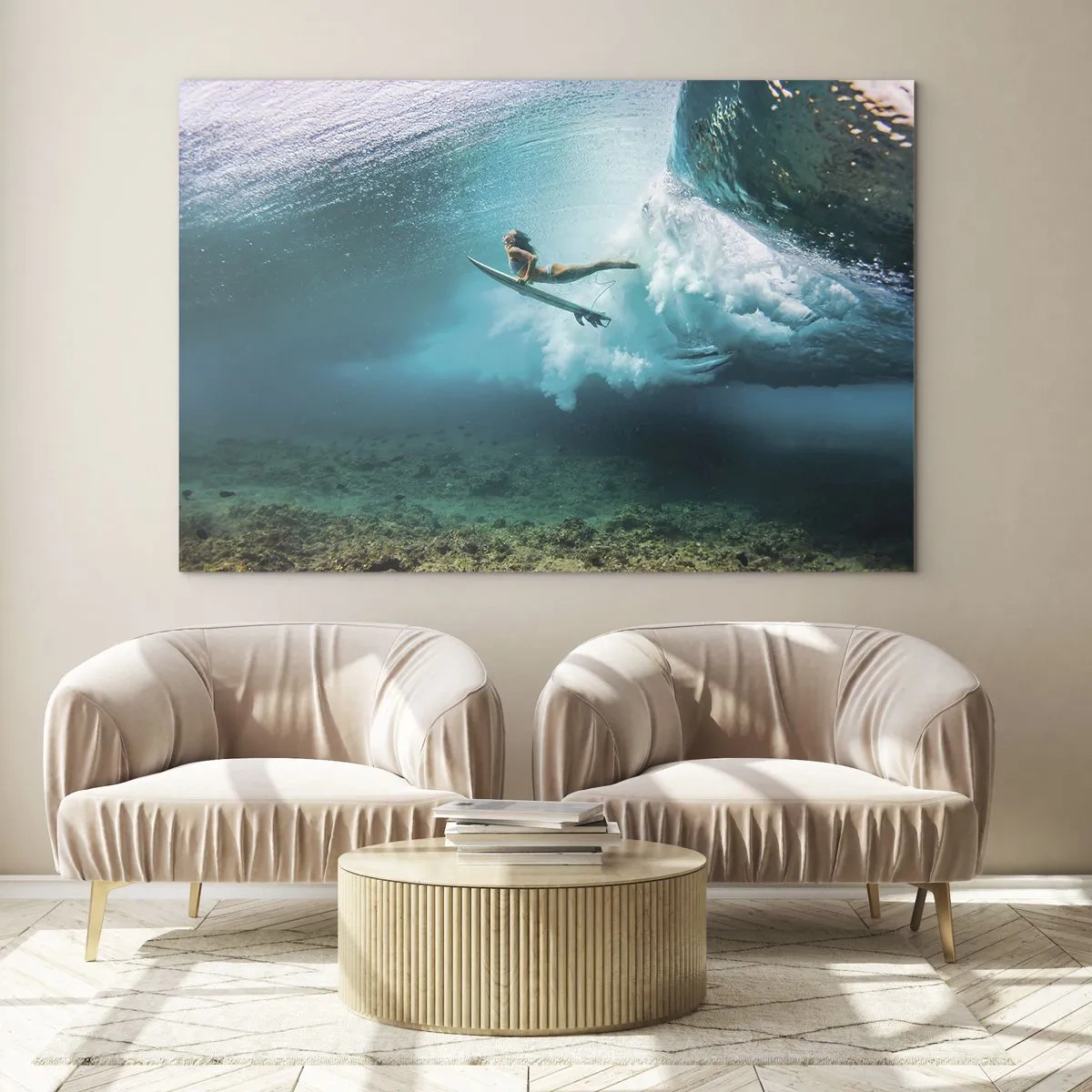 Impression sur verre - Image sur verre - Surfeur sous l'eau parmi les vagues avec une planche de surf - 120x80cm - Monde sous marin - Décoration murale moderne pour le salon et la chambre ARTTOR