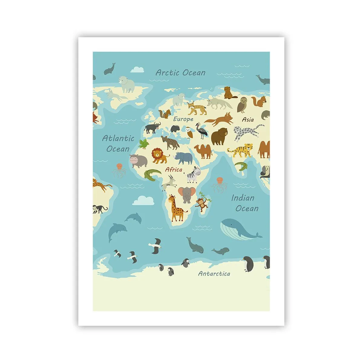 Affiche - Poster - Une carte du monde avec des illustrations d'animaux dans différentes régions - 50x70cm - De bons voisins - Décoration murale moderne pour le salon et la chambre ARTTOR