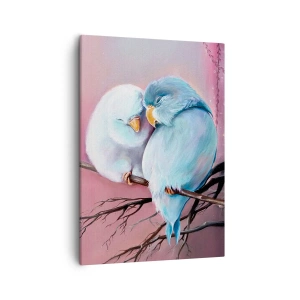 Impression sur toile - Image sur toile - Deux oiseaux amoureux sur une branche sur fond rose - 50x70cm - Que dire de plus?... - Décoration murale moderne pour le salon et la chambre ARTTOR