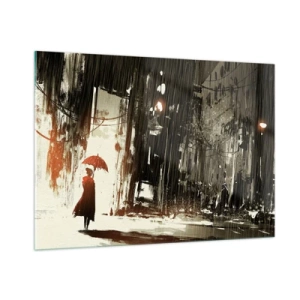 Impression sur verre - Image sur verre - Une personne avec un parapluie rouge sous la pluie sur fond de ville sombre. - 100x70cm - La poésie du parapluie rouge - Décoration murale moderne pour le salon et la chambre ARTTOR