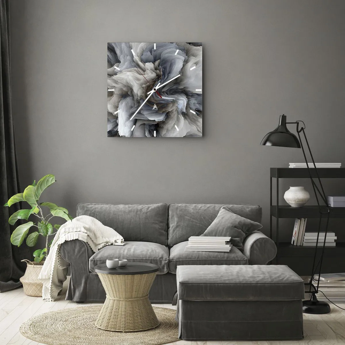 Horloge murale - Pendule murale - Tourbillon abstrait dans les tons de gris et de bleu - 30x30cm - Pierre et fleur - Décoration murale moderne pour le salon et la chambre ARTTOR