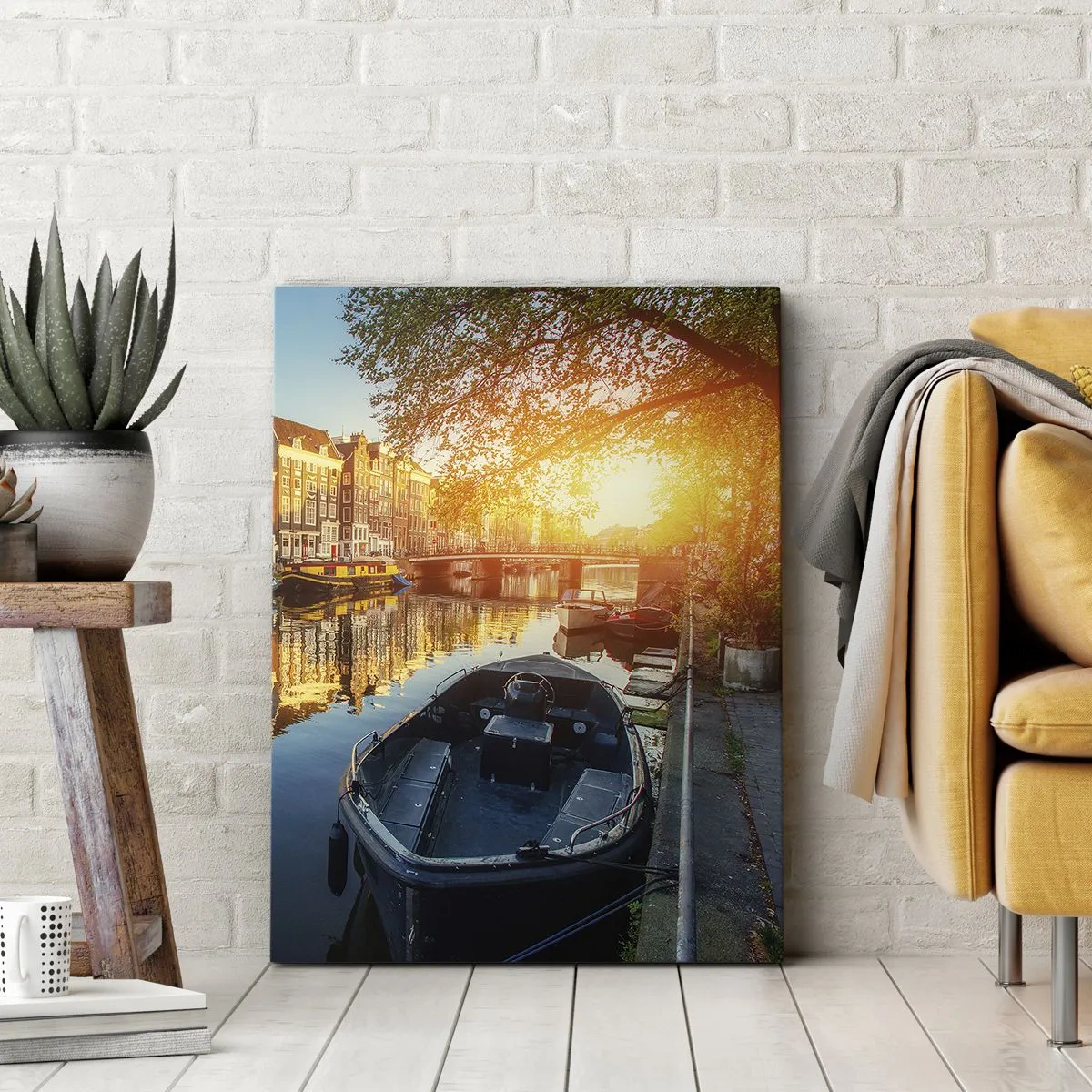 Impression sur toile - Image sur toile - Canal d'Amsterdam au coucher du soleil - 70x100cm - Début de journée à Amsterdam - Décoration murale moderne pour le salon et la chambre ARTTOR