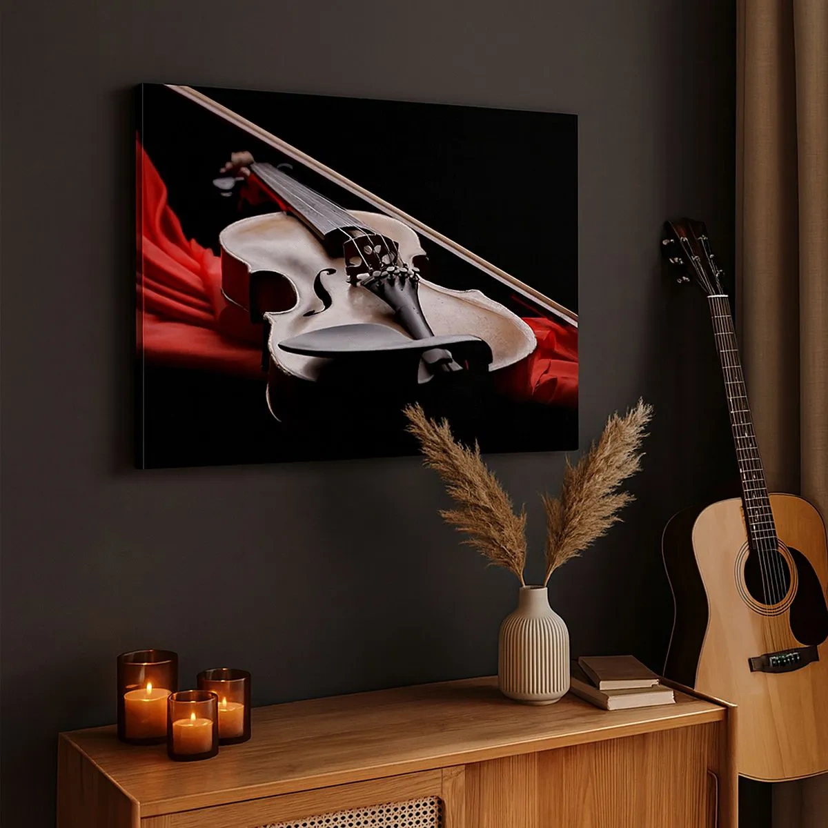 Impression sur toile - Image sur toile - Violon sur tissu rouge avec fond noir - 70x50cm - Musique des sentiments - Décoration murale moderne pour le salon et la chambre ARTTOR