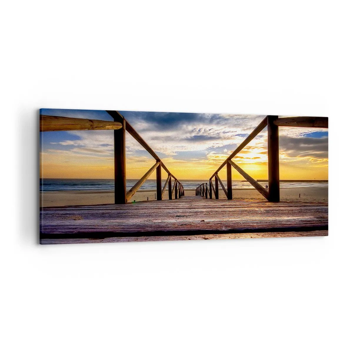 Impression sur toile - Image sur toile - Jetée en bois menant à la plage au coucher du soleil - 120x50cm - Directement sur une plage calme au coucher de soleil - Décoration murale moderne pour le salon et la chambre ARTTOR