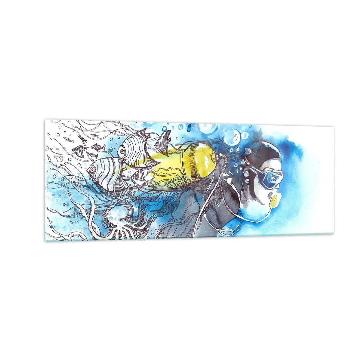 Impression sur verre - Image sur verre - Scène sous-marine avec un plongeur et des poissons exotiques - 140x50cm - Le grand bleu - Décoration murale moderne pour le salon et la chambre ARTTOR