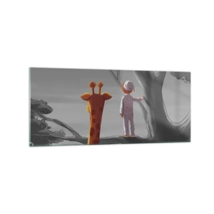 Impression sur verre - Image sur verre - Un enfant et une girafe sur une branche d'arbre dans un paysage de conte de fées - 120x50cm - Cela arrive vraiment - Décoration murale moderne pour le salon et la chambre ARTTOR