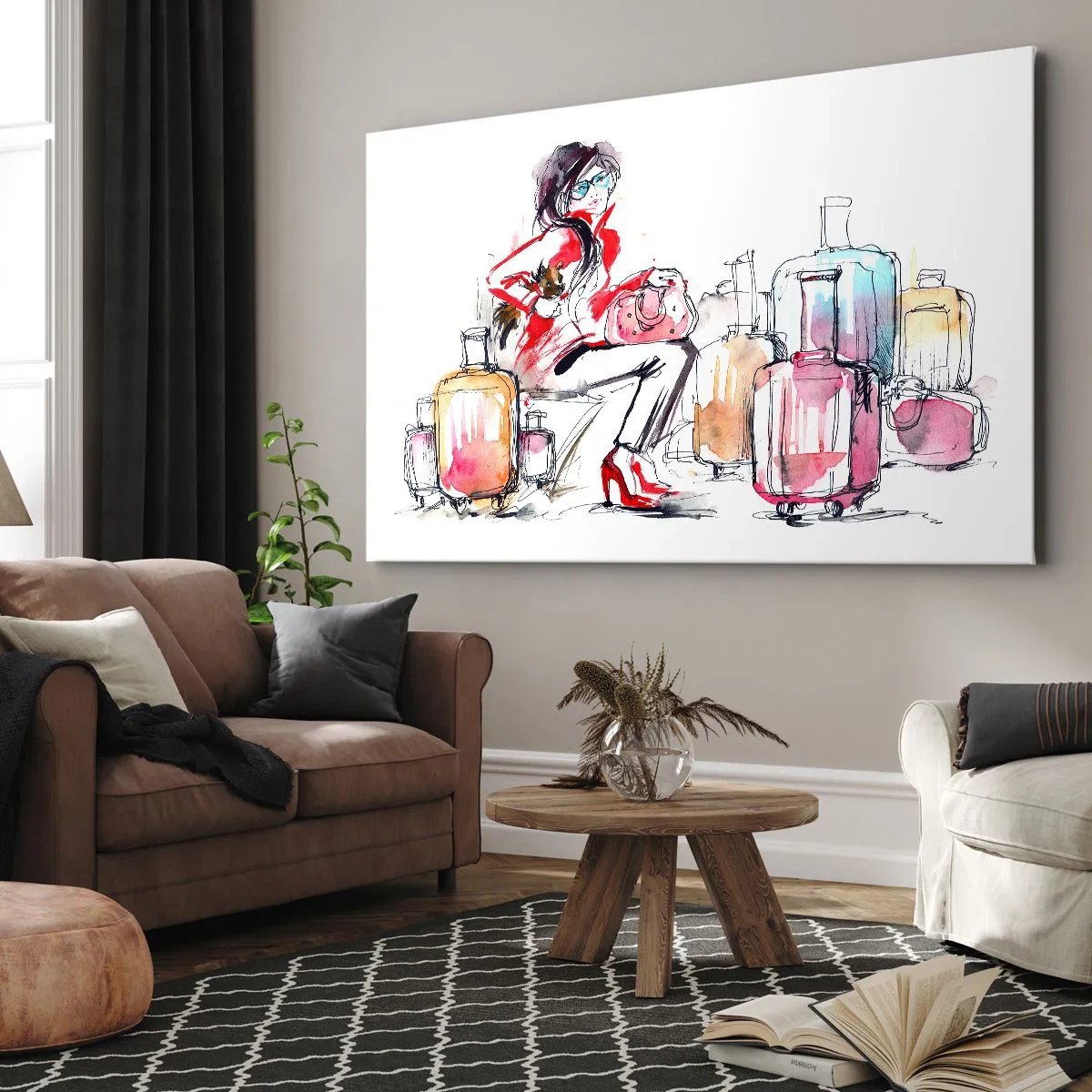 Impression sur toile - Image sur toile - Une femme avec des valises dans une illustration aquarelle dynamique - 70x50cm - Asseyons-nous avant le voyage - Décoration murale moderne pour le salon et la chambre ARTTOR