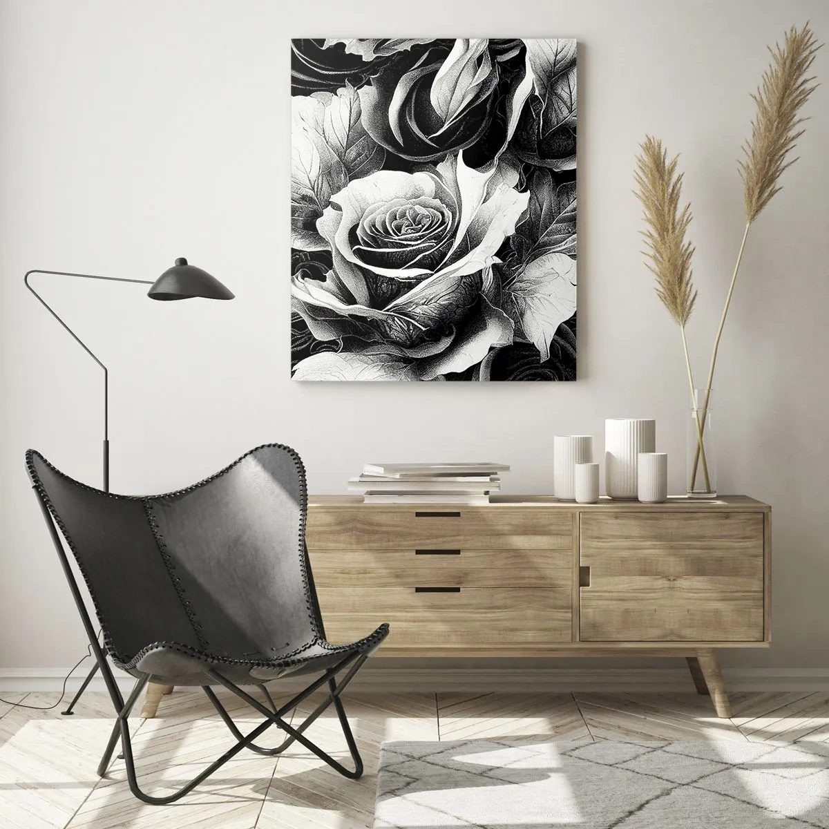 Impression sur verre - Image sur verre - Composition florale de roses noires et blanches avec détails - 50x70cm - Toujours une reine - Décoration murale moderne pour le salon et la chambre ARTTOR