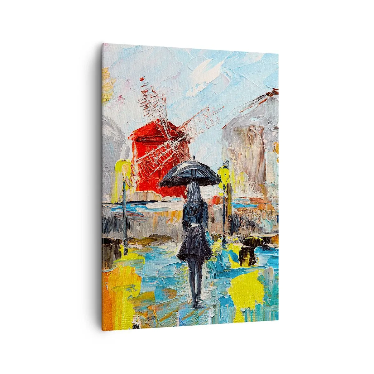 Impression sur toile - Image sur toile - Une scène pittoresque avec un parapluie sur fond de Paris aux couleurs vibrantes. - 70x100cm - Légende parisienne - Décoration murale moderne pour le salon et la chambre ARTTOR