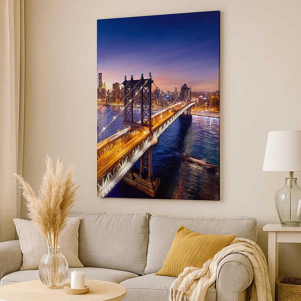 Impression sur toile - Image sur toile - Le pont et le panorama de la ville au coucher du soleil - 50x70cm - Un pont lumineux au cœur de la ville - Décoration murale moderne pour le salon et la chambre ARTTOR