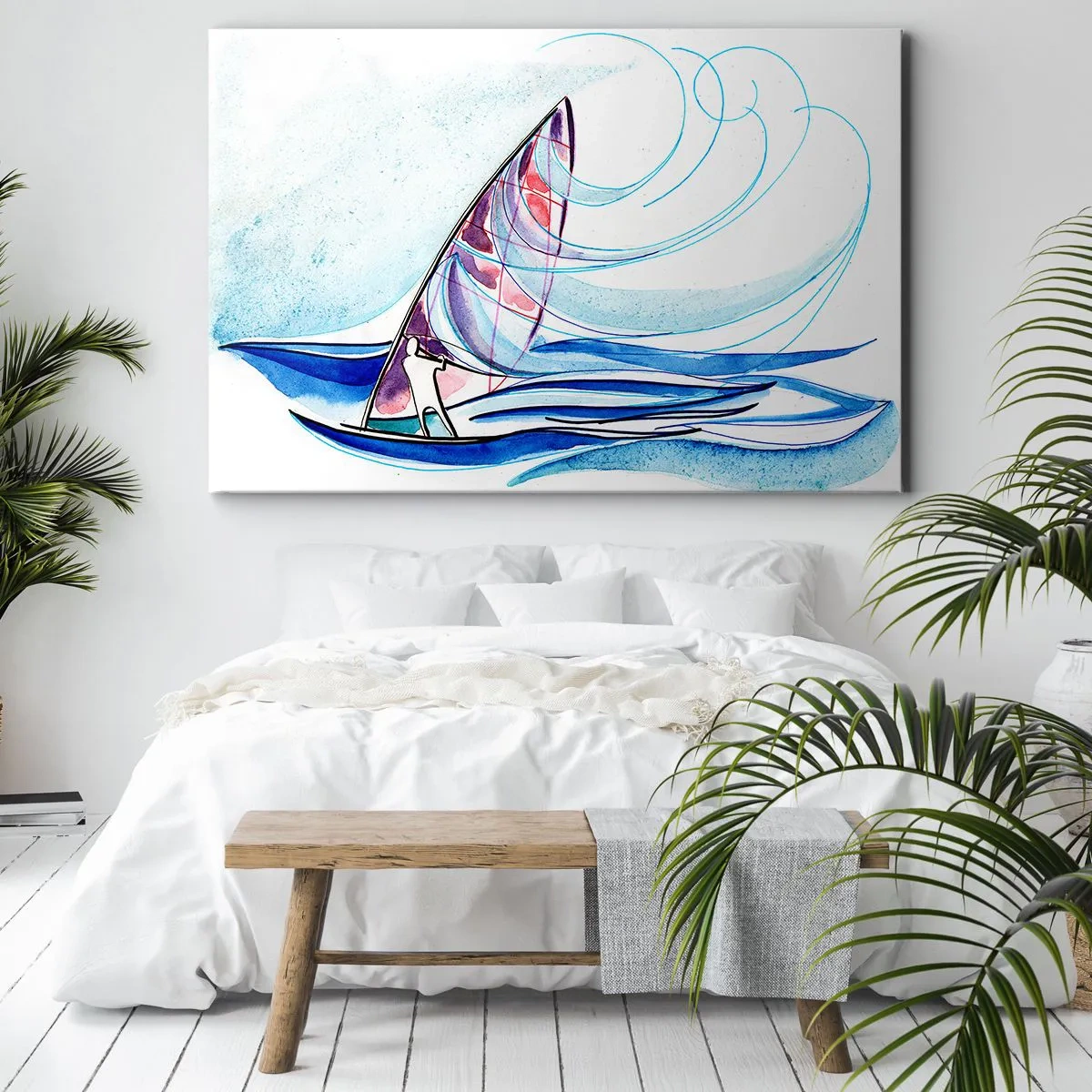 Impression sur toile - Image sur toile - Un surfeur chevauchant les vagues dans une composition abstraite à l'aquarelle - 70x50cm - Avec le vent au rythme des vagues - Décoration murale moderne pour le salon et la chambre ARTTOR