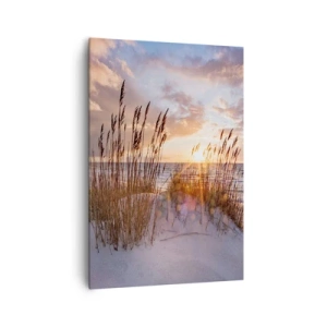 Impression sur toile - Image sur toile - Dunes avec des herbes sur fond de soleil couchant - 70x100cm - Salutations du soleil et du vent - Décoration murale moderne pour le salon et la chambre ARTTOR