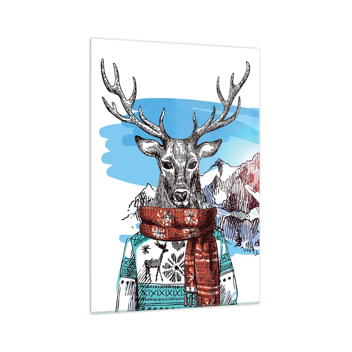 Impression sur verre - Image sur verre - Un cerf dans un pull d'hiver sur fond de paysage de montagne - 70x100cm - Même le cerf ne gèle pas - Décoration murale moderne pour le salon et la chambre ARTTOR