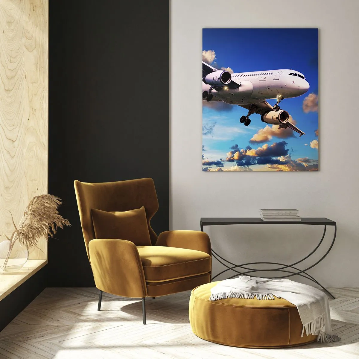 Impression sur verre - Image sur verre - Un avion en vol contre un ciel pittoresque - 50x70cm - Un voyage en blanc et bleu ciel - Décoration murale moderne pour le salon et la chambre ARTTOR