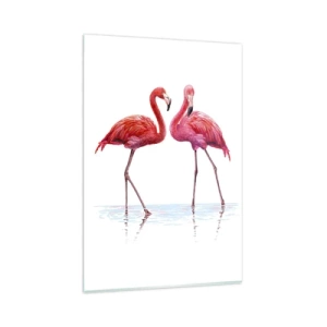 Impression sur verre - Image sur verre - Une paire de flamants roses dans l'eau sur un fond clair - 80x120cm - Rendez-vous rose - Décoration murale moderne pour le salon et la chambre ARTTOR