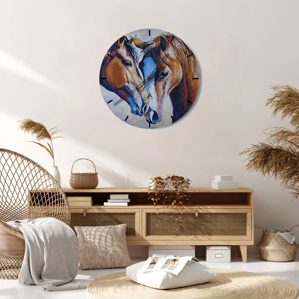 Horloge murale - Pendule murale - Une peinture de deux chevaux dans un style pictural avec des couleurs vives. - 30x30cm - Est-ce de l'amitié ? Ou de l'amour ? - Décoration murale moderne pour le salon, la cuisine et la chambre ARTTOR