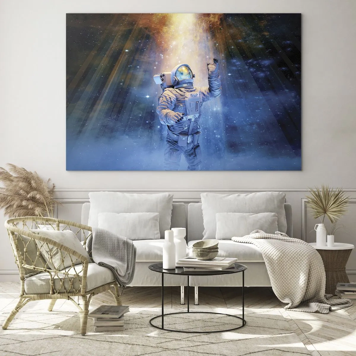 Impression sur verre - Image sur verre - Un astronaute dans l'espace illuminé par des rayons de lumière - 100x70cm - Enfin arrivé - Décoration murale moderne pour le salon et la chambre ARTTOR