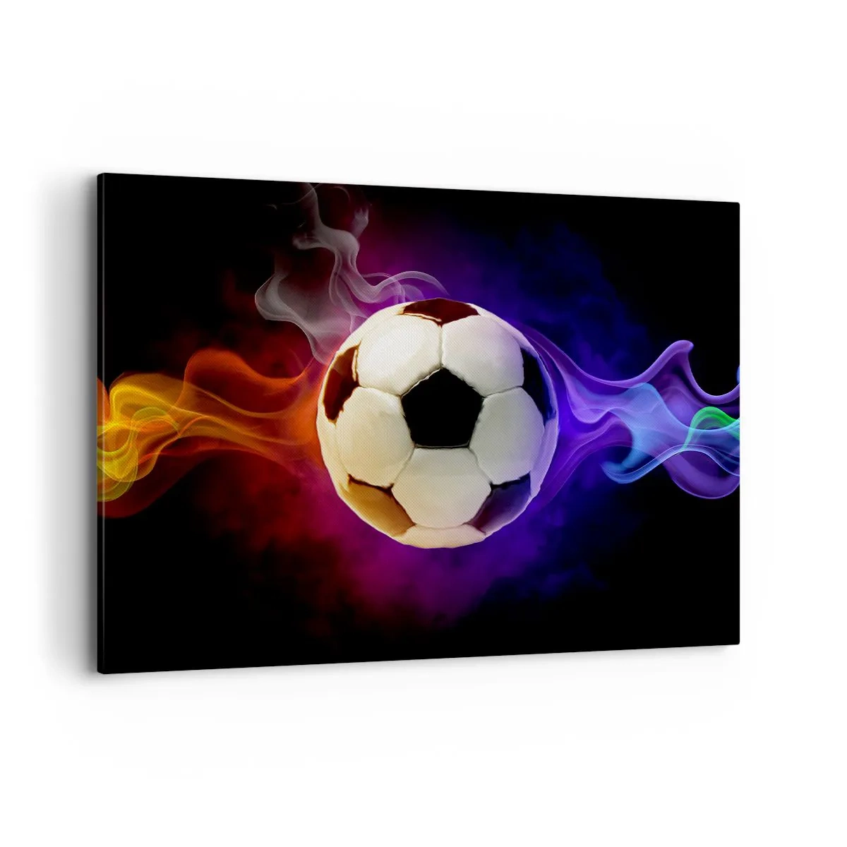 Impression sur toile - Image sur toile - Un ballon de football entouré d'effets de fumée colorés sur un fond sombre. - 100x70cm - Le pouvoir magique du jeu - Décoration murale moderne pour le salon et la chambre ARTTOR