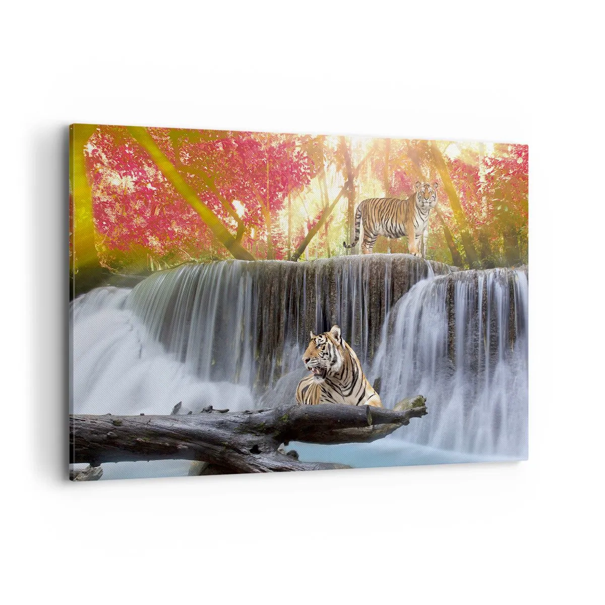 Impression sur toile - Image sur toile - Tigres près d'une cascade dans la forêt d'automne - 120x80cm - Paysage surréaliste - Décoration murale moderne pour le salon et la chambre ARTTOR