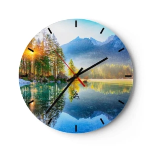 Horloge murale - Pendule murale - Lac de montagne à l'aube avec reflets d'arbres et de sommets - 30x30cm - Majesté et douceur - Décoration murale moderne pour le salon, la cuisine et la chambre ARTTOR