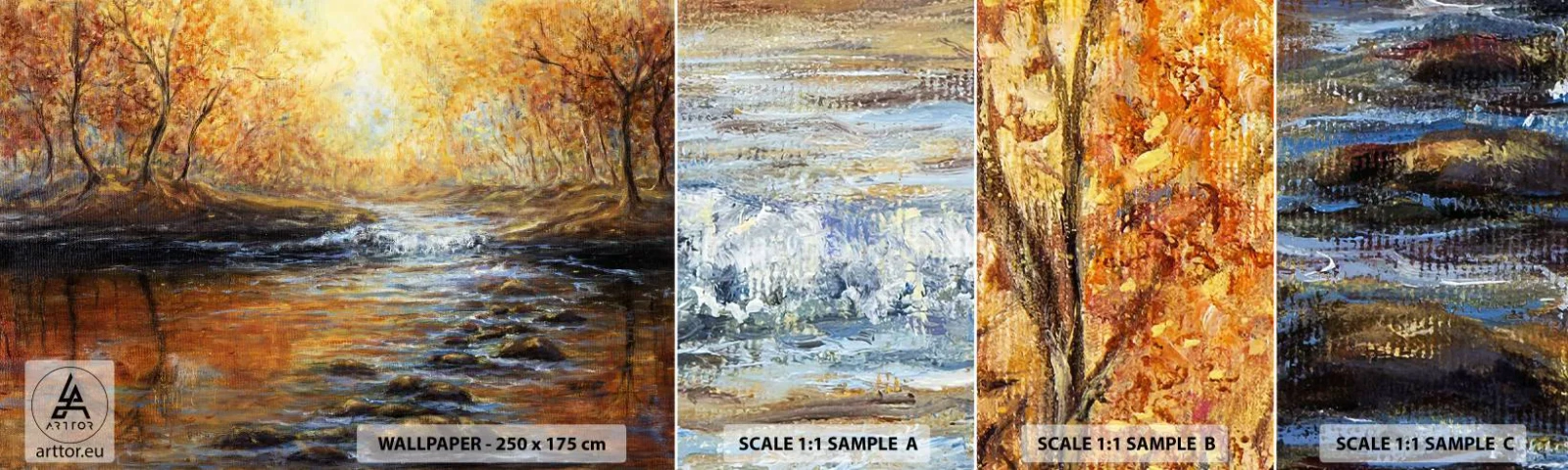 Échantillon De Papier Peint Standard Eco - Le ruisseau d'or - Paysage, ruisseau de montagne, Forêt - 100x30 cm