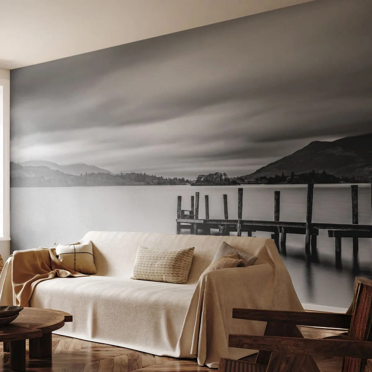 Papier Peint Autocollant Deluxe Sticker - Douceur et force - Paysage, Lac, Pont de bois - 100x70 cm