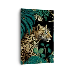 Impression sur toile - Image sur toile - Léopard dans des feuilles tropicales sur fond noir - 80x120cm - Un hôte dans la jungle - Décoration murale moderne pour le salon et la chambre ARTTOR