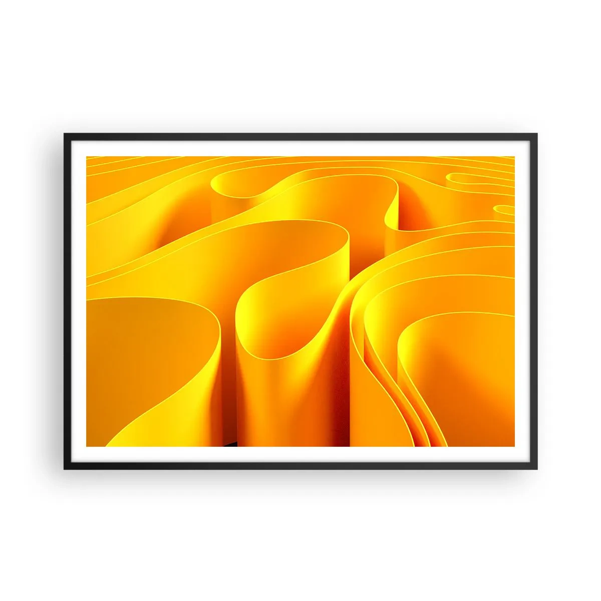 Affiche dans un cadre noir - Poster - Vagues abstraites jaunes ressemblant à des rayons de soleil - 100x70cm - Comme les vagues du soleil - Décoration murale moderne pour le salon et la chambre ARTTOR