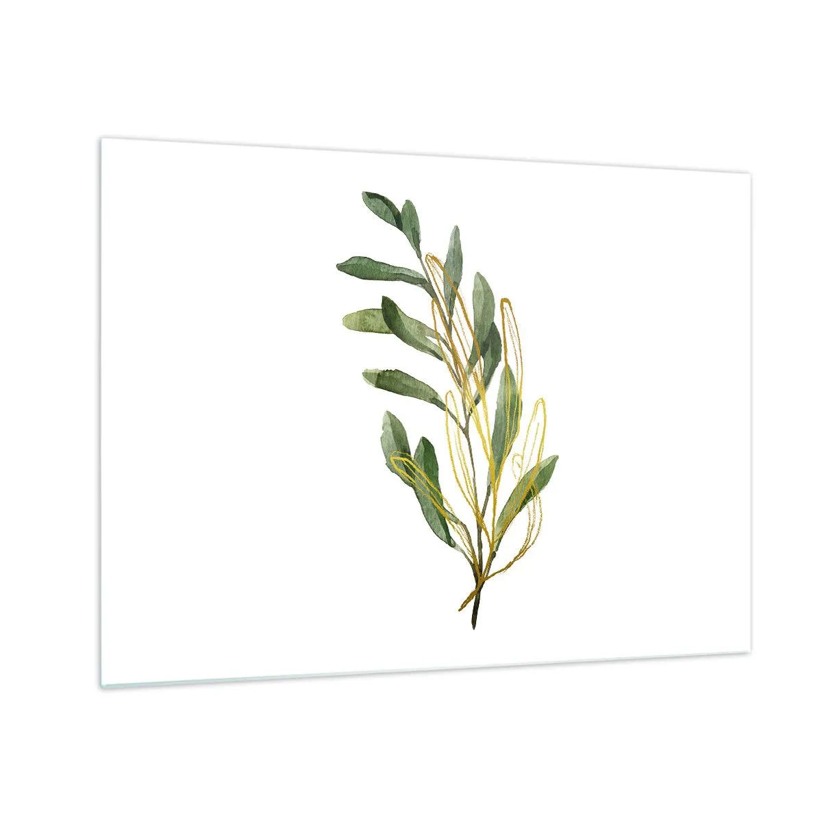 Impression sur verre - Image sur verre - Une branche verte avec un délicat accent doré - 70x50cm - Tout ce qui est bon - Décoration murale moderne pour le salon et la chambre ARTTOR