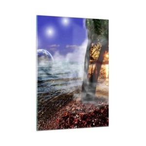 Impression sur verre - Image sur verre - Un paysage fantastique avec la mer et une planète - 50x70cm - Paysage surréaliste - unité de la nature - Décoration murale moderne pour le salon et la chambre ARTTOR