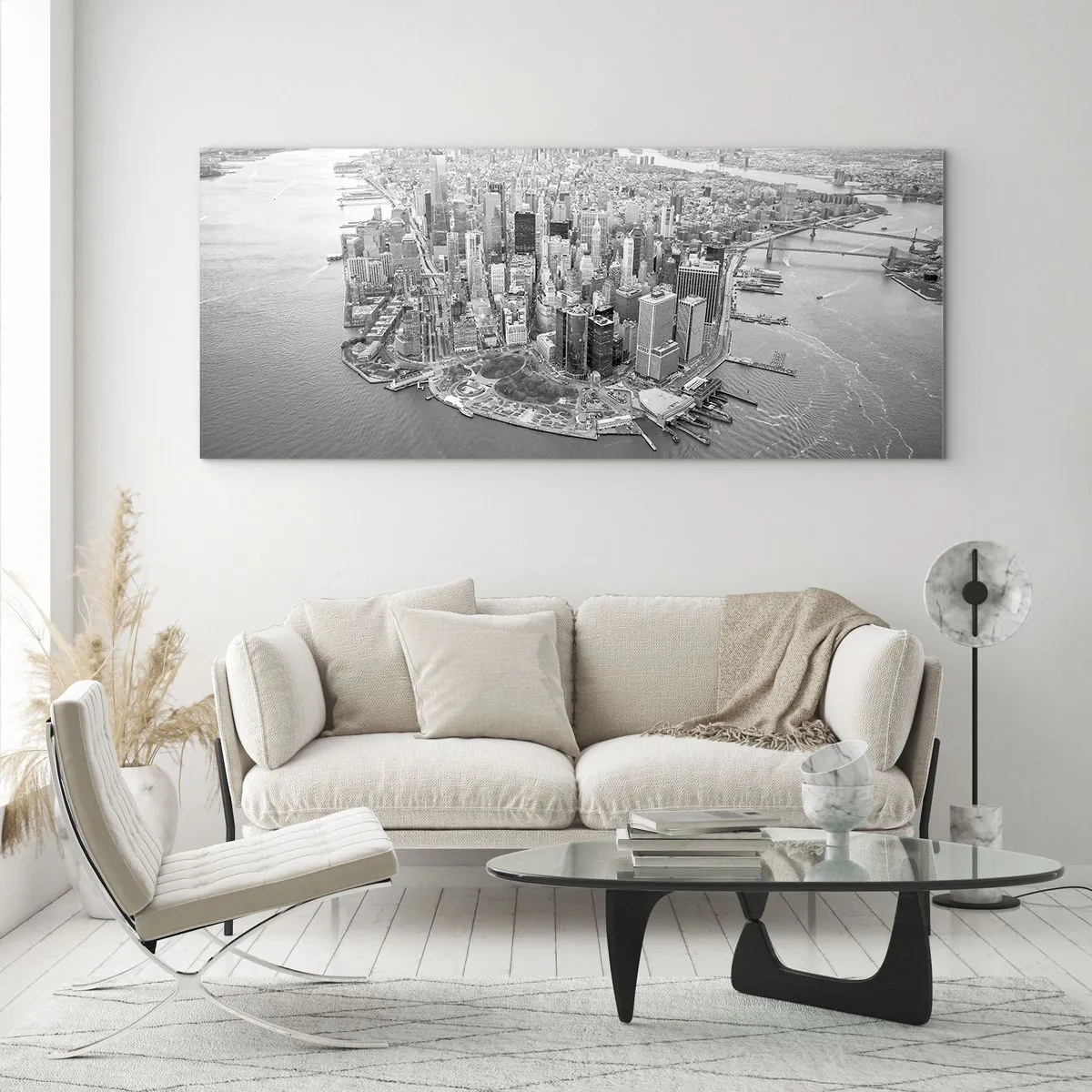 Impression sur verre - Image sur verre - Vue aérienne de Manhattan en noir et blanc - 120x50cm - Comment ne pas aimer ? - Décoration murale moderne pour le salon et la chambre ARTTOR