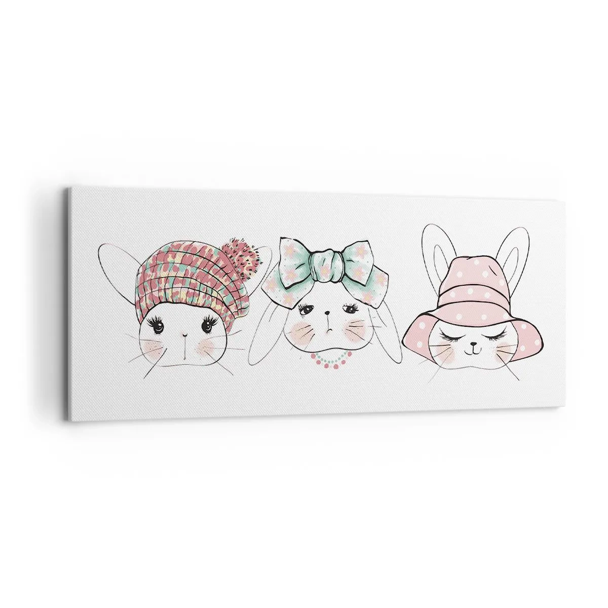 Impression sur toile - Image sur toile - Adorables lapins portant des coiffes pastel - 120x50cm - Pensif, triste, satisfait - Décoration murale moderne pour le salon et la chambre ARTTOR