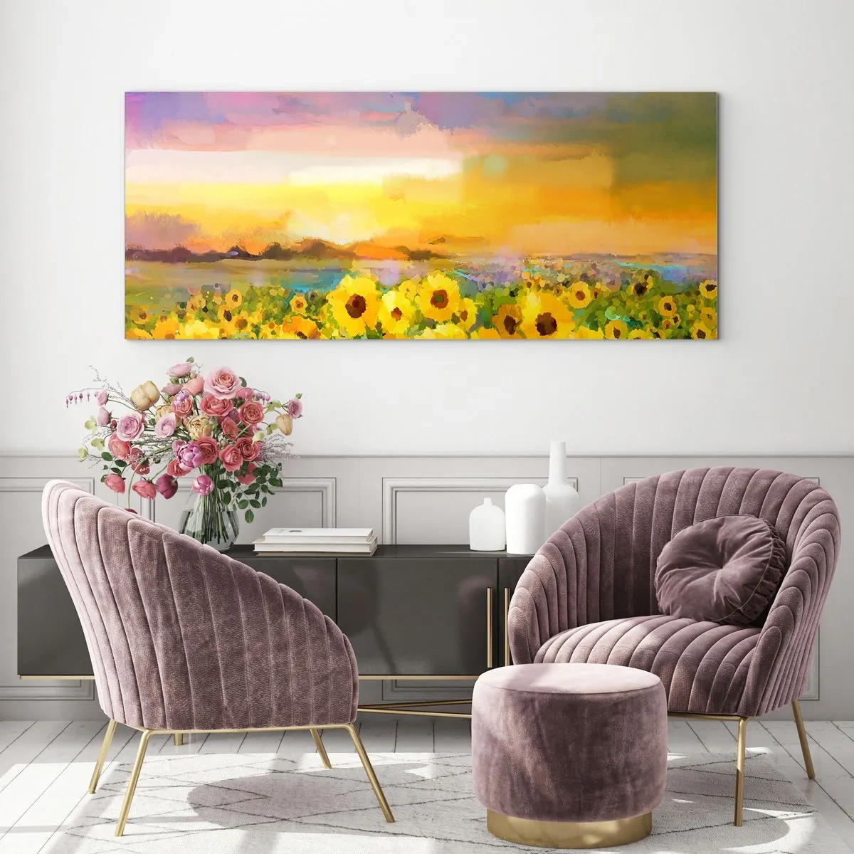 Impression sur verre - Image sur verre - Un champ de tournesols à la lumière du soleil couchant - 160x50cm - Le soleil lui-même est descendu sur terre - Décoration murale moderne pour le salon et la chambre ARTTOR