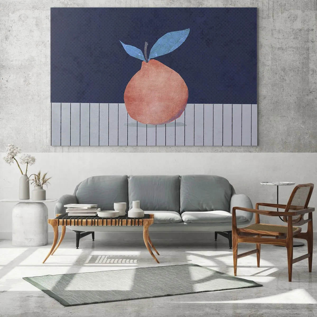 Impression sur verre - Image sur verre - Un fruit avec une forme abstraite sur fond de composition géométrique - 100x70cm - Convexité et plan - Décoration murale moderne pour le salon et la chambre ARTTOR