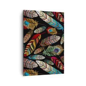 Impression sur toile - Image sur toile - Plumes colorées sur fond noir - 70x100cm - Le carnaval des oiseaux - Décoration murale moderne pour le salon et la chambre ARTTOR