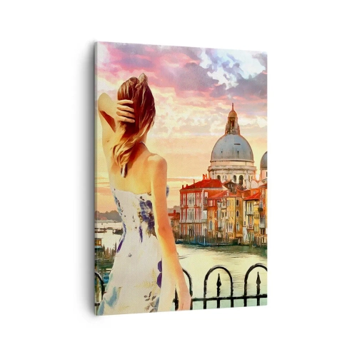 Impression sur toile - Image sur toile - Une femme admirant le paysage pittoresque au bord du canal - 50x70cm - Pour une aventure c'est uniquement dans ... - Décoration murale moderne pour le salon et la chambre ARTTOR