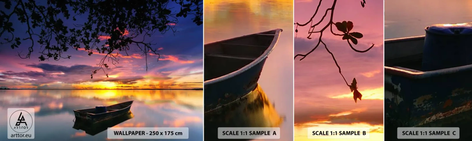 Échantillon De Papier Peint Standard Eco - "Tu sembles suspendu au milieu du ciel..." - Paysage, Coucher de soleil, Lac - 100x30 cm