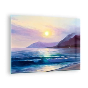 Impression sur verre - Image sur verre - Un coucher de soleil pittoresque sur la mer calme et les montagnes - 70x50cm - Cristal d'eau et d'air - Décoration murale moderne pour le salon et la chambre ARTTOR