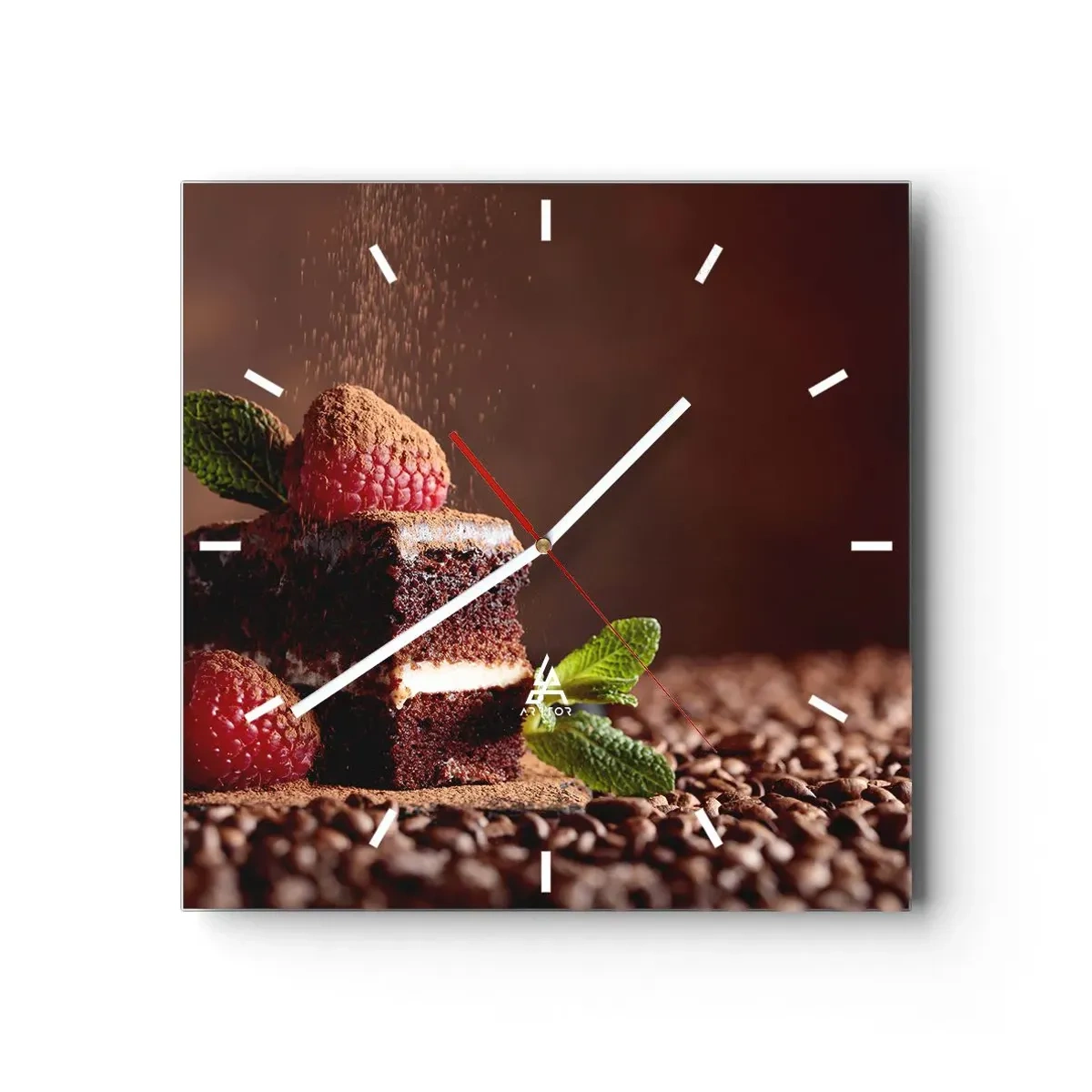 Horloge murale - Pendule murale - Gâteau au chocolat aux framboises et à la menthe sur fond de fèves de cacao - 30x30cm - La vie est douce - Décoration murale moderne pour le salon et la chambre ARTTOR