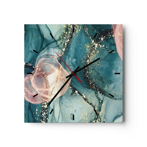Horloge murale - Pendule murale - Une composition abstraite dans des tons turquoise et or. - 30x30cm - Soie bleu, tulle rose - Décoration murale moderne pour le salon et la chambre ARTTOR