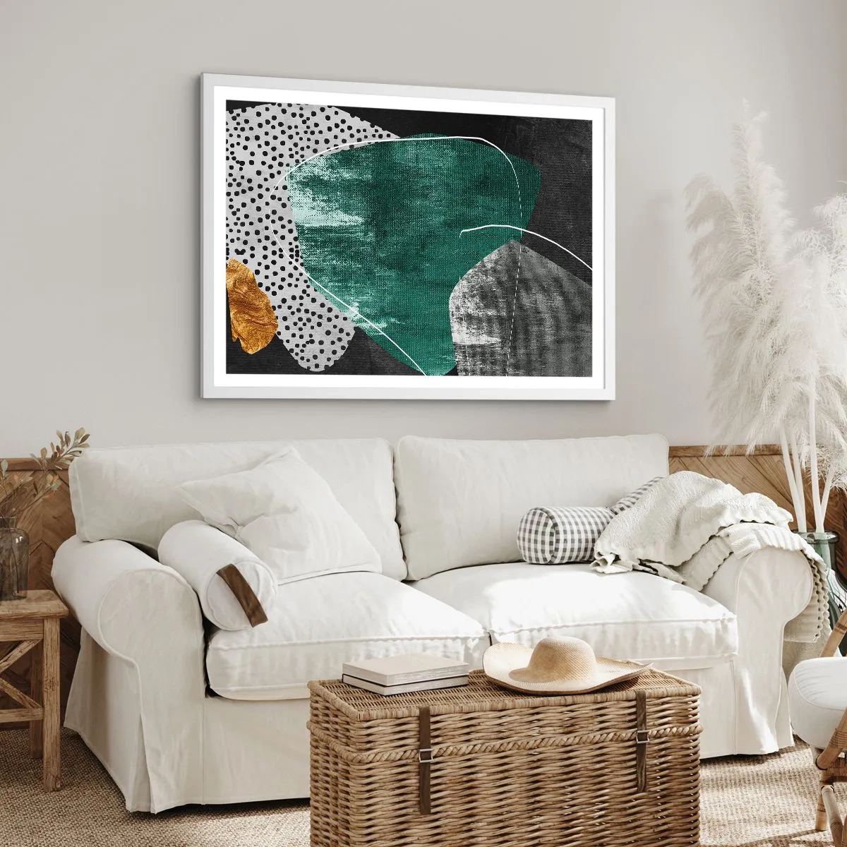 Affiche dans un cadre blanc - Poster - Abstraction colorée avec feuille d'or - 100x70 cm