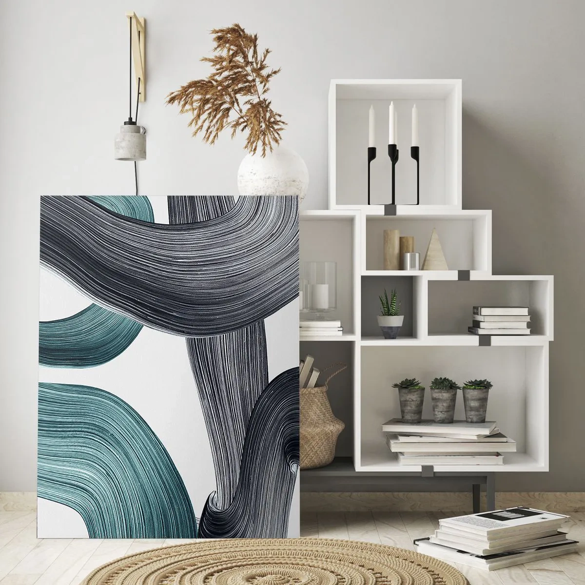 Impression sur verre - Image sur verre - Stries dynamiques dans les tons émeraude et noir sur fond blanc - 50x70cm - Sentiers émeraude et noirs - Décoration murale moderne pour le salon et la chambre ARTTOR