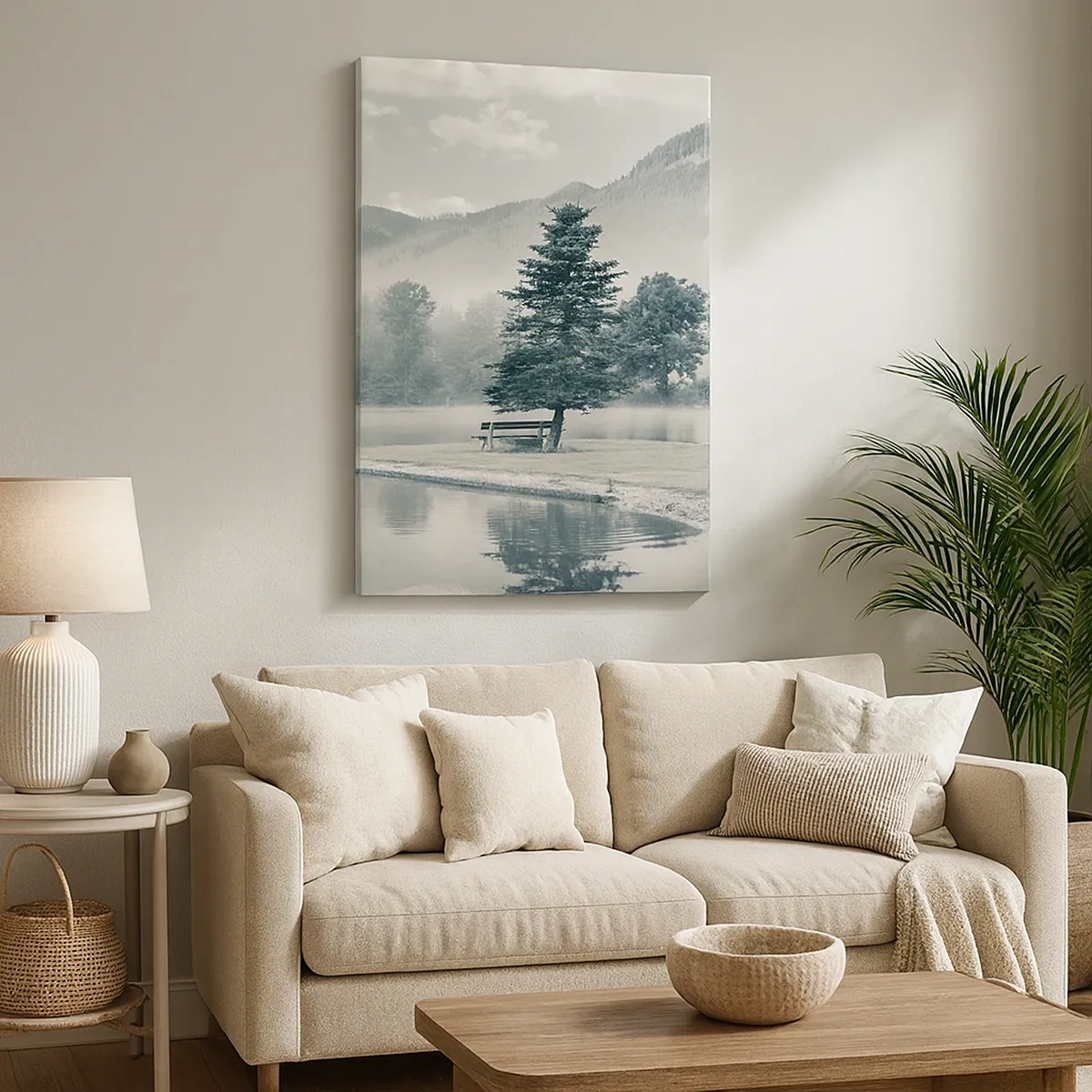 Impression sur toile - Image sur toile - Un lac pittoresque avec un banc et du brouillard en arrière-plan - 50x70cm - Le lac dort encore - Décoration murale moderne pour le salon et la chambre ARTTOR